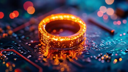 Fototapete - Close-up of illuminated electronic component on circuit board.