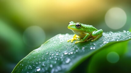 Poster - Vibrant green frog perched on a dew-kissed leaf, bathed in sunlight.