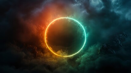 Aufkleber - Glowing neon circle in dark cloudy sky.