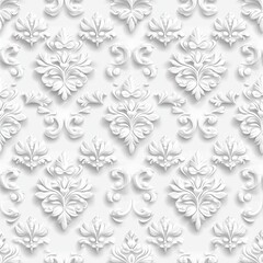 Poster - Intricate white damask design adorns a wall, showcasing embossed details in exceptional clarity and realism, highlighting craftsmanship SEAMLESS PATTERN