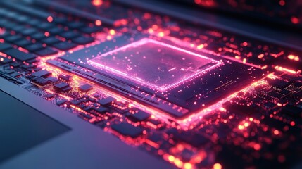Poster - Laptop circuit board with glowing processor, close-up