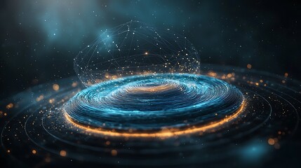Poster - Abstract digital sphere and swirling disc.  A mesmerizing representation of interconnected networks, digital space, and ethereal energy