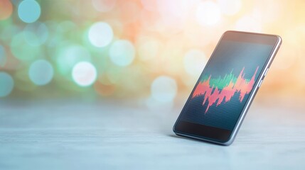  - A modern smartphone displaying a stock market graph, set against a colorful bokeh background.