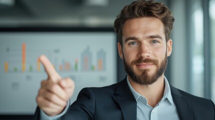 Poster - Confident businessman gesturing positively with a graph background, showcasing a professional environment and engagement in discussion.