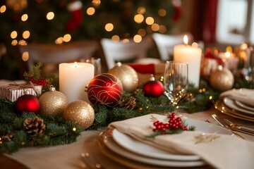 Wall Mural - christmas table setting decorated with candles, ornaments, and gifts with christmas tree in backgrou