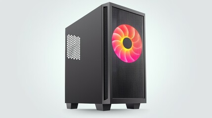 Poster - Sleek black computer case with a colorful fan design, showcasing modern technology and aesthetics.