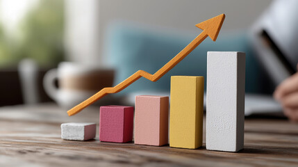  - A colorful bar graph illustrating growth trends, with a stylized upward arrow on a wooden table setting, suggesting progress and success.
