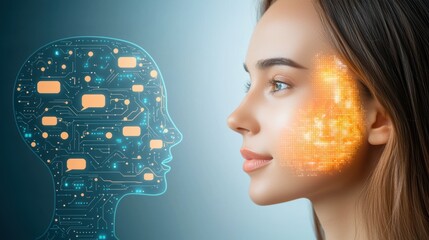 Aufkleber - A futuristic portrait blending human features with digital elements, symbolizing the connection between technology and humanity.