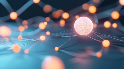 Aufkleber - Abstract digital network with glowing spheres and lines on a blue background, symbolizing connectivity and technology.