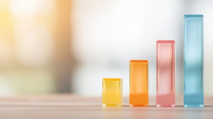  - Colorful glass bars display growth on a wooden surface, symbolizing progress and performance in a modern environment.