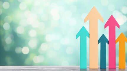Poster - Colorful upward arrows on a blurred background symbolize growth and progress in a creative and modern way.