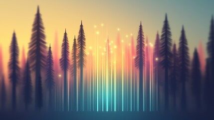 Poster - Abstract forest scene with vertical lines and soft, colorful lighting creating a dreamy atmosphere.