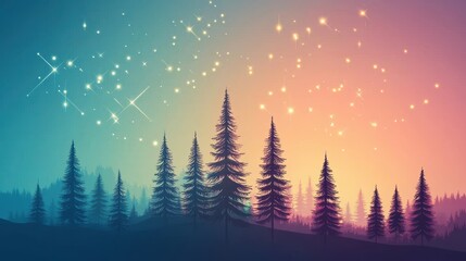 Poster - Colorful forest silhouette against a gradient sky with twinkling stars, creating a serene and whimsical atmosphere.