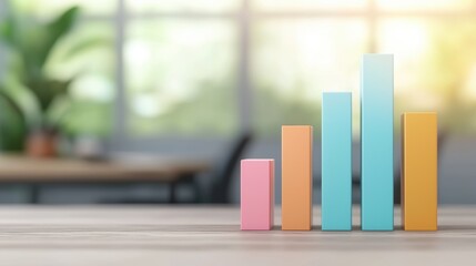  - Colorful bar graph representing data analysis with a blurred background of a modern office environment.