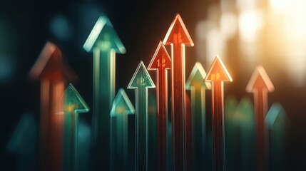 Poster - Colorful upward arrows symbolize growth and progress in a dynamic, abstract style with a blurred background.
