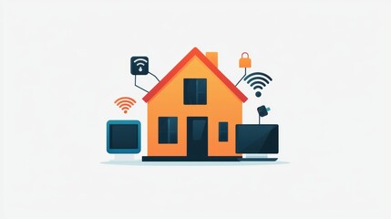Poster - Illustration of a smart home concept featuring a house integrated with technology symbols like Wi-Fi, security, and devices.