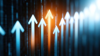 Poster - Abstract digital image featuring upward arrows in varying shades of blue and orange, symbolizing progress and growth.