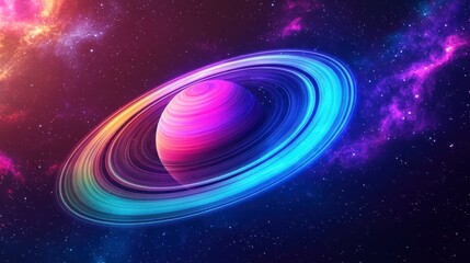 Poster - Vibrant, colorful planet with rings in a nebula.