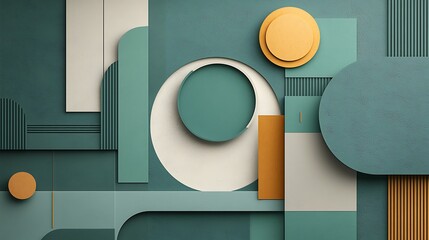 Poster - Abstract geometric pattern with layered shapes in teal, beige, and ochre tones