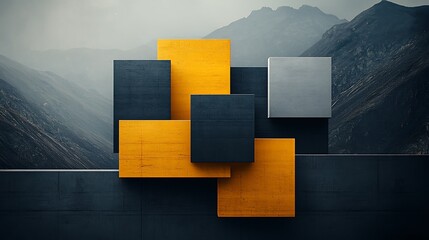 Aufkleber - Abstract geometric shapes, dark gray and mustard yellow squares, mountain backdrop