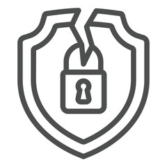 Fototapete - Cracked shield with lock line icon, hacker attacks concept. Vector graphics. Lock on emblem with crack sign on white background, outline style icon for mobile or web design.