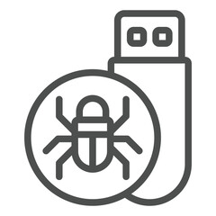 Fototapete - Flash drive with virus line icon, hacker attacks concept. Vector graphics. Hacker exploit, bug on pen drive sign on white background, outline style icon for mobile or web design.