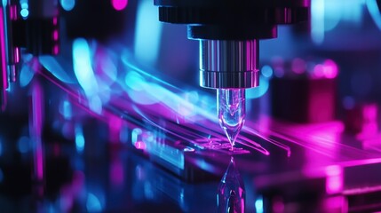Aufkleber - Close-up of a microscope lens over a glowing sample, illuminated with vibrant pink and blue neon lights.