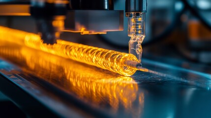 Poster - Close-up of automated machinery processing a glowing, spiral glass tube.