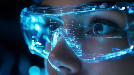 Aufkleber - Close-up of a person wearing futuristic glasses displaying digital data.