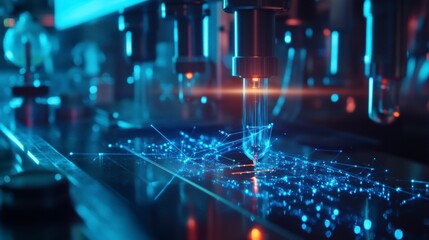 Aufkleber - Close-up of automated machinery processing a small object on a futuristic, glowing surface.
