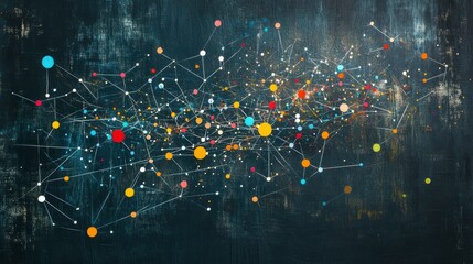 Leinwandbilder - Abstract network connection visualization with colorful nodes and lines on a dark textured background.