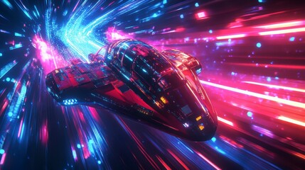 Poster - Futuristic spaceship speeding through vibrant neon light trails in hyperspace.
