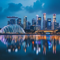 Poster - Singapore's Cityscape at Dusk: A Symphony of Lights Reflected in Serene Waters with a fantasy airship in the backdrop.