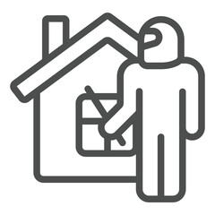 Poster - Thief man with mask at house line icon, insurance event concept. Vector graphics. Cottage building theft crime risk sign on white background, outline style icon for mobile or web design.