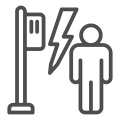 Poster - Man with electric box on pole line icon, insurance concept. Vector graphics. Lightning risk at transformer and human sign on white background, outline style icon for mobile or web design.