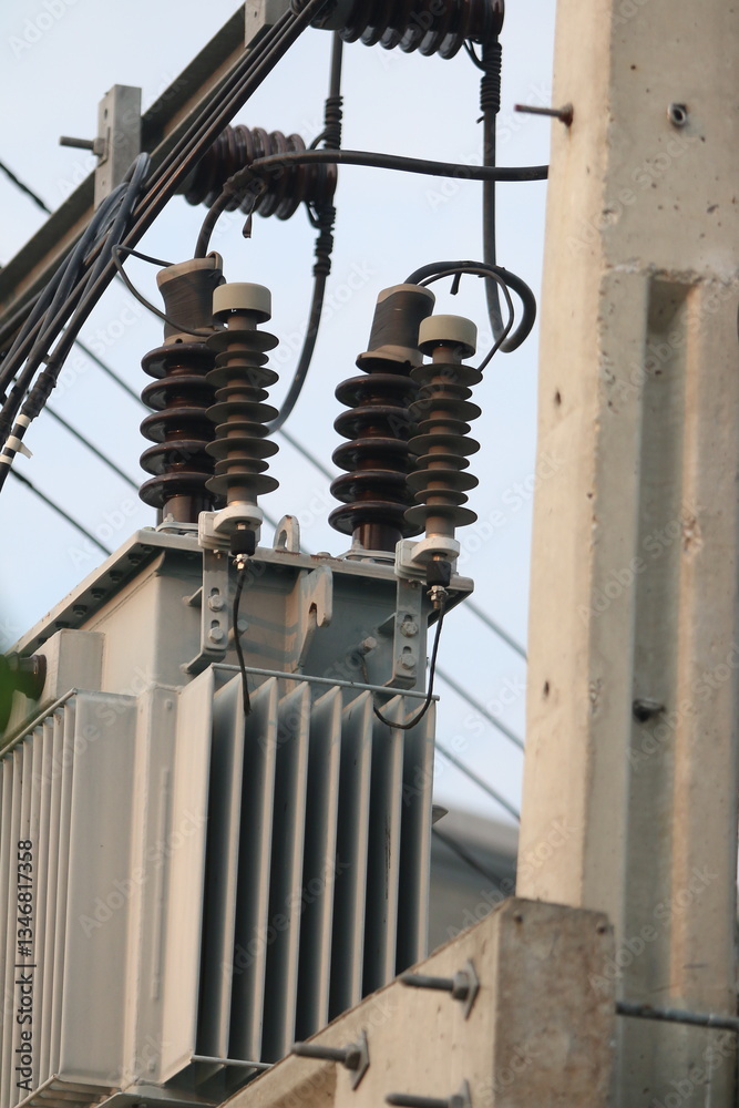 Power Grid: High-voltage power transformer installed on a concrete post ...