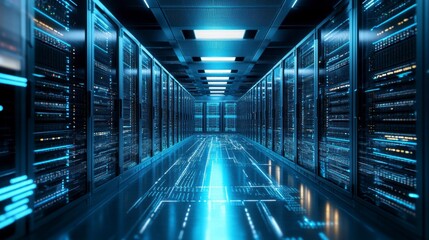Poster - Futuristic server room interior, illuminated pathway, technology, data center, modern
