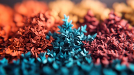 Poster - Close-up view of artificial leaf clusters showcasing shades of teal, burnt orange, and reddish-brown arranged in a stunning, visually appealing pattern