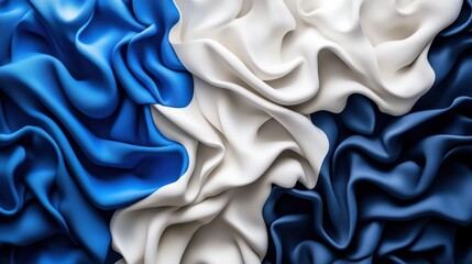 Poster - Close-up of beautifully draped fabric showcasing deep blue, off-white, and lighter blue tones, creating an abstract, textured visual spectacle for art.