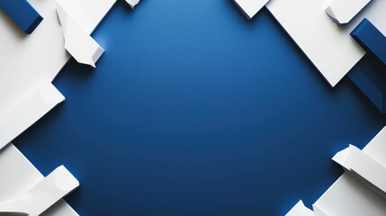 Poster - Abstract vibrant blue background with dynamic off-white and dark blue geometric shapes framing a central empty space for creative design purposes