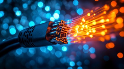Aufkleber - Close-up of fiber optic cable emitting bright light streams against a bokeh background.