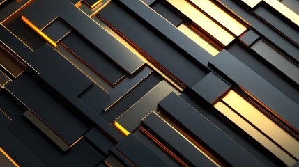 Poster - Abstract Digital Geometric Pattern with Intersecting Black and Gold Rectangular Blocks Creating a Dynamic Three-dimensional Effect and Light Highlights