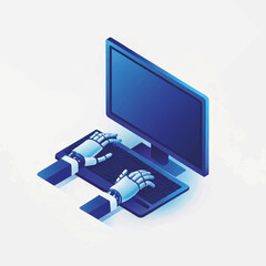 Poster - Robotic hands typing on a computer keyboard against a minimalist background  