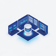 Poster - Data server surrounded by multiple screens displaying analytics  