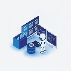 Poster - Robot analyzing data on multiple screens in a modern workspace  