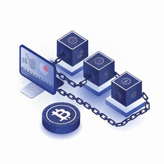 Poster - Digital blockchain technology representation with bitcoin symbols  