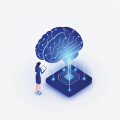 Poster - Woman interacting with an abstract brain illustration technology  