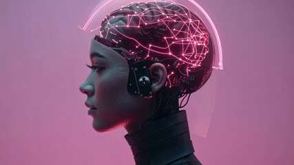 Poster - futuristic portrait of humanoid robot with glowing brain showcasing advanced technology, artificial 