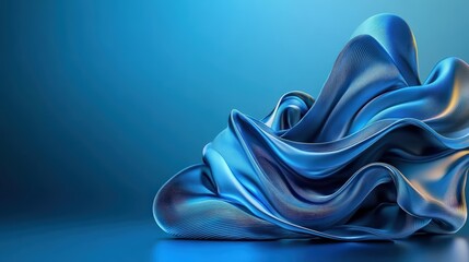 Fototapete - Abstract 3D Rende of Shimme Metallic Blue Fabric Sculpted into Flowing Waves Against a Solid Blue Background for Artistic Inspiration