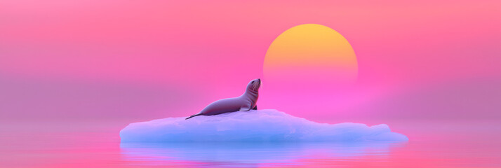 Poster - A playful seal basking on a surreal, melting iceberg with abstract ocean reflections and a pastel